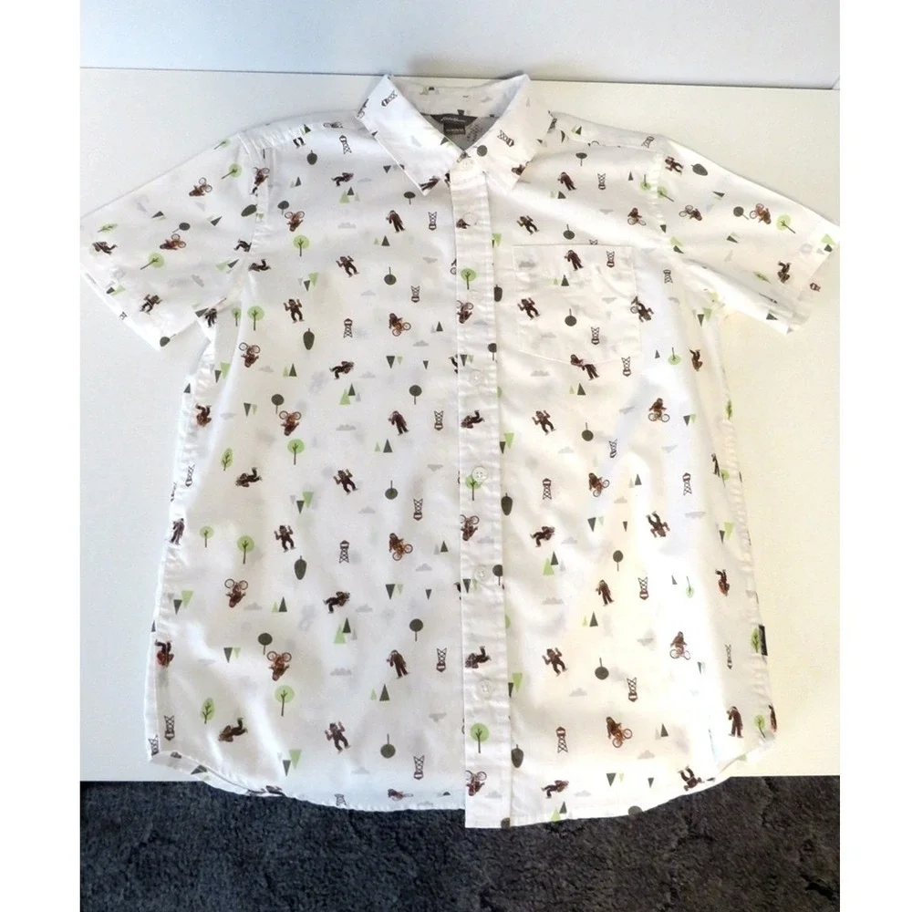 Eddie Bauer Boys M 10/12 Button Down Outdoor‎ Adventure Print Short Sleeve
